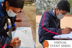 [ai] Two students wearing masks are engaged in drawing outdoors. The girl on the left is working on a colorful art piece, while the boy on the right is focused on sketching in a notebook. A banner at the bottom reads: 'VIRTUAL EVENT SERIES'.